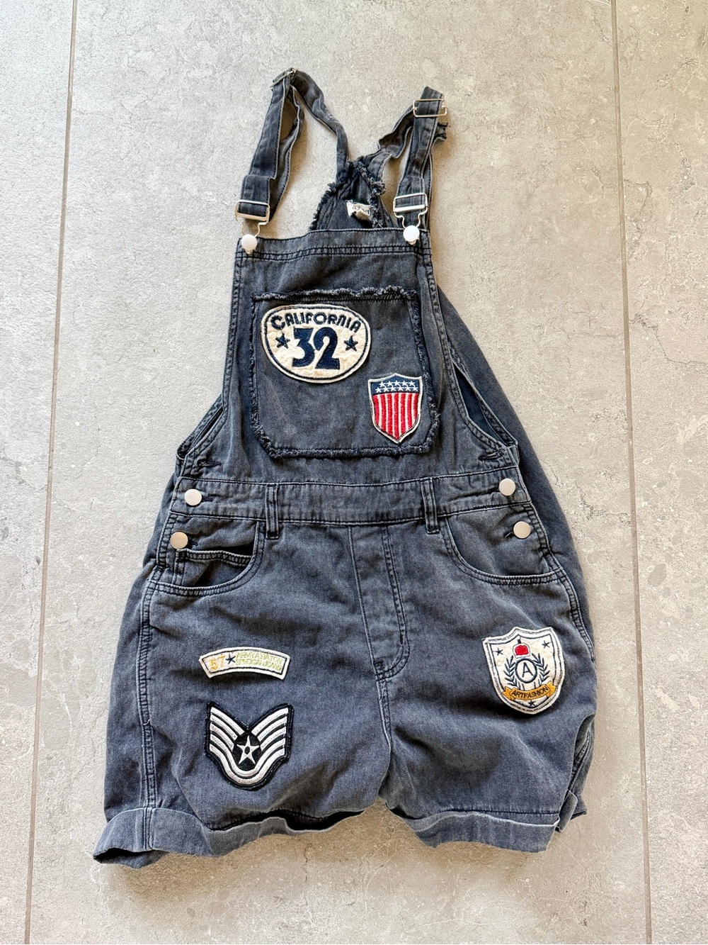 POL Black Denim Patch Overall Shorts